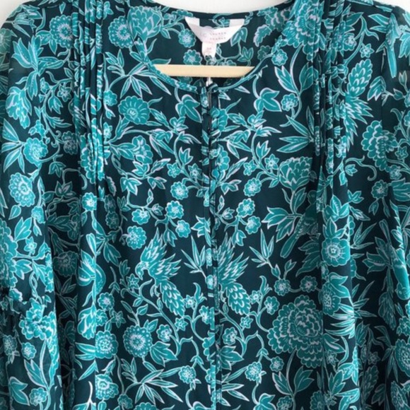 LC LAUREN CONRAD Top Blouse Pintuck Shark-Bite Patterned Teal Floral Size M L - Picture 7 of 14